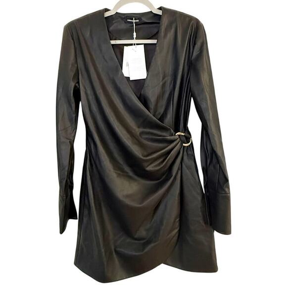 Anine Bing Joey Dress Faux Leather Wrap Mini Black Size Small NEW - Picture 2 of 9